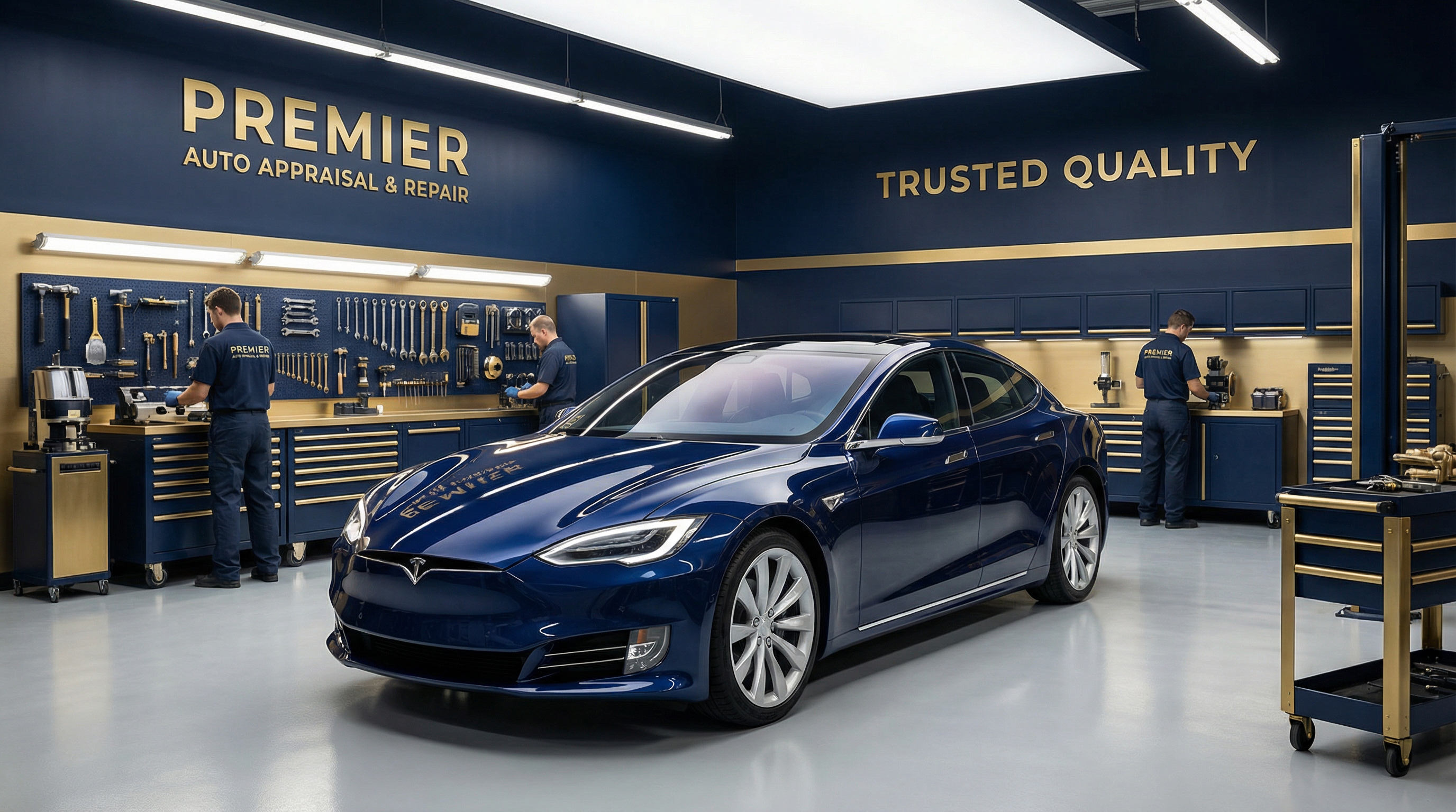 Professional auto body shop interior with vehicle being repaired