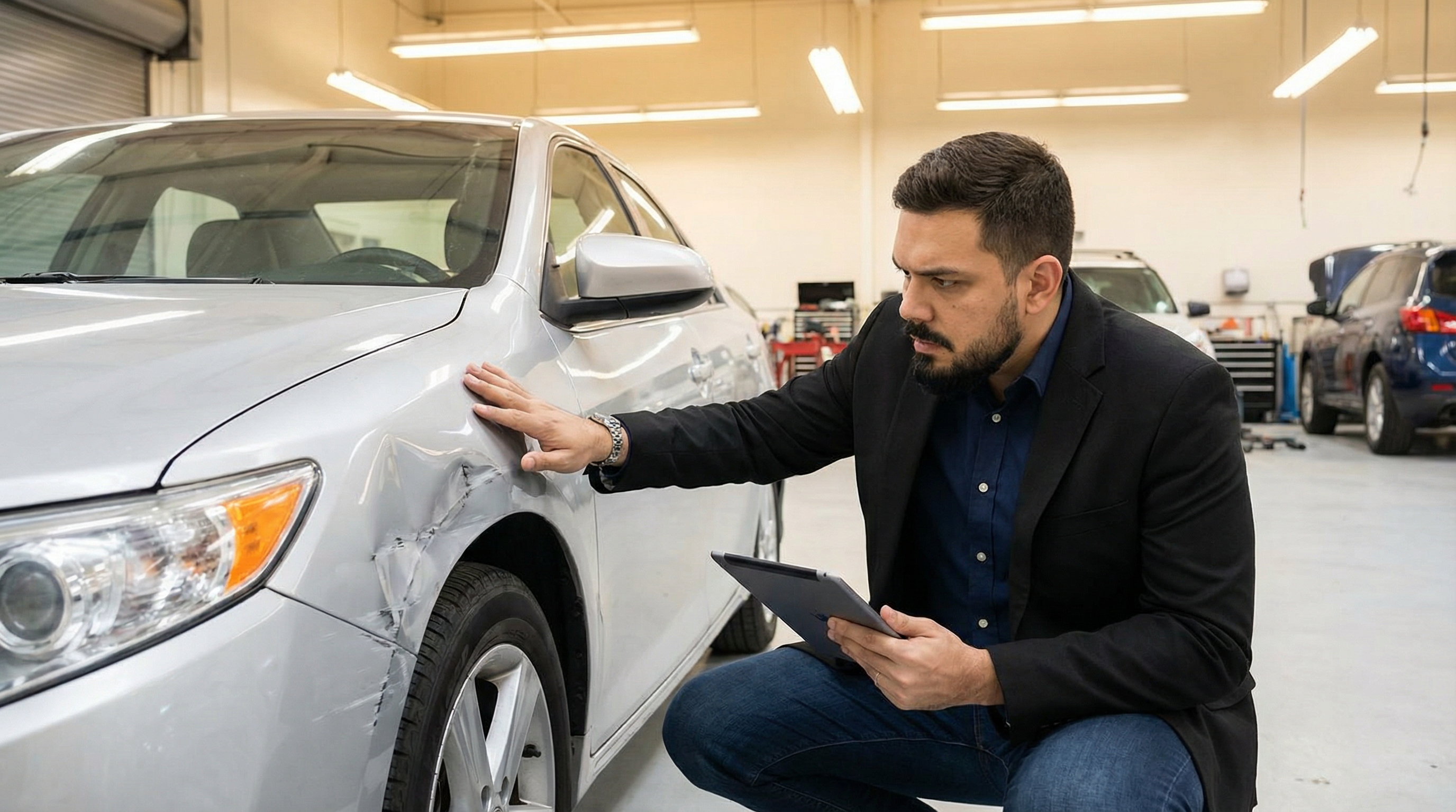 Licensed appraiser inspecting vehicle damage