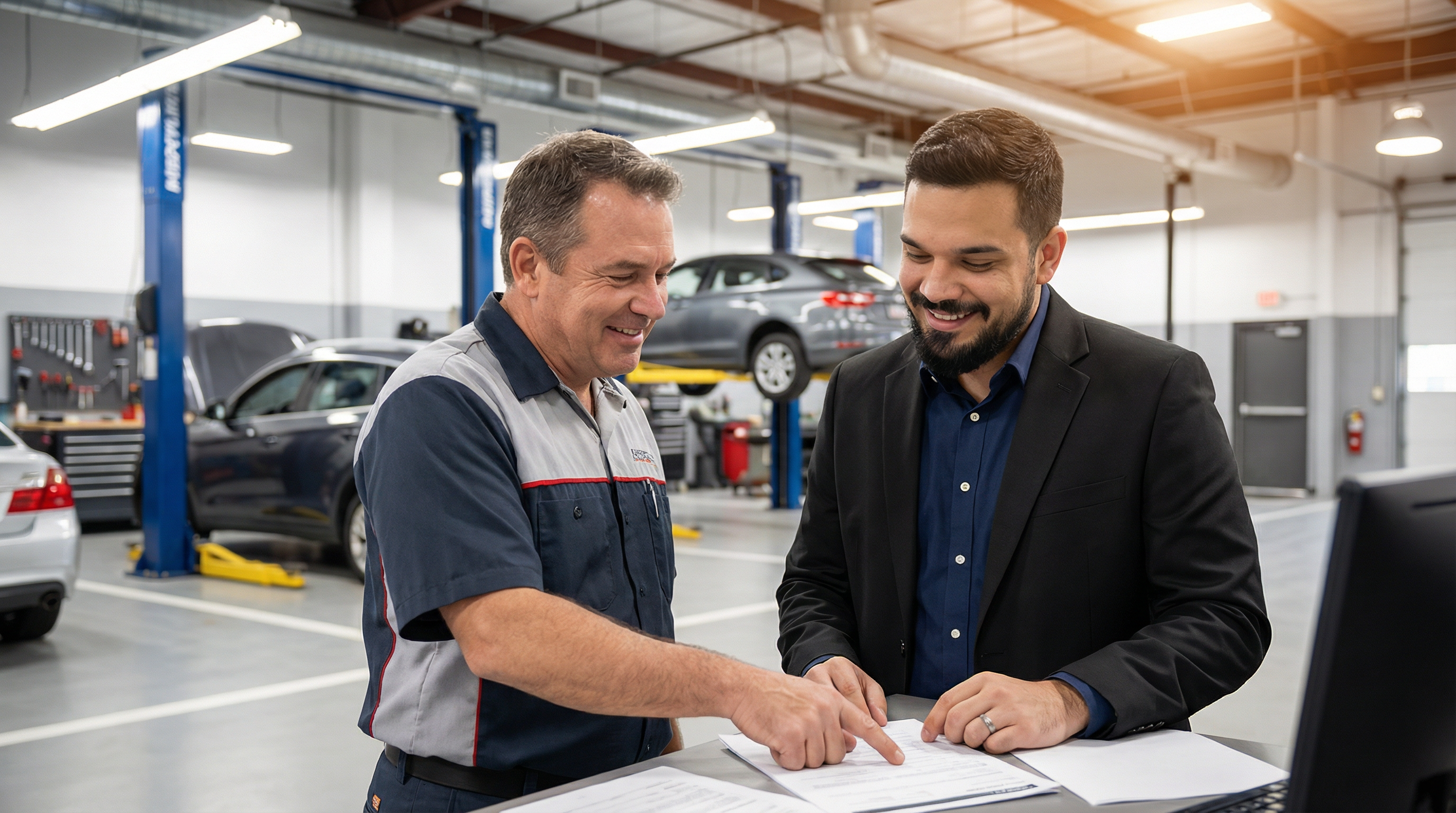 Professional appraiser consulting with body shop owner